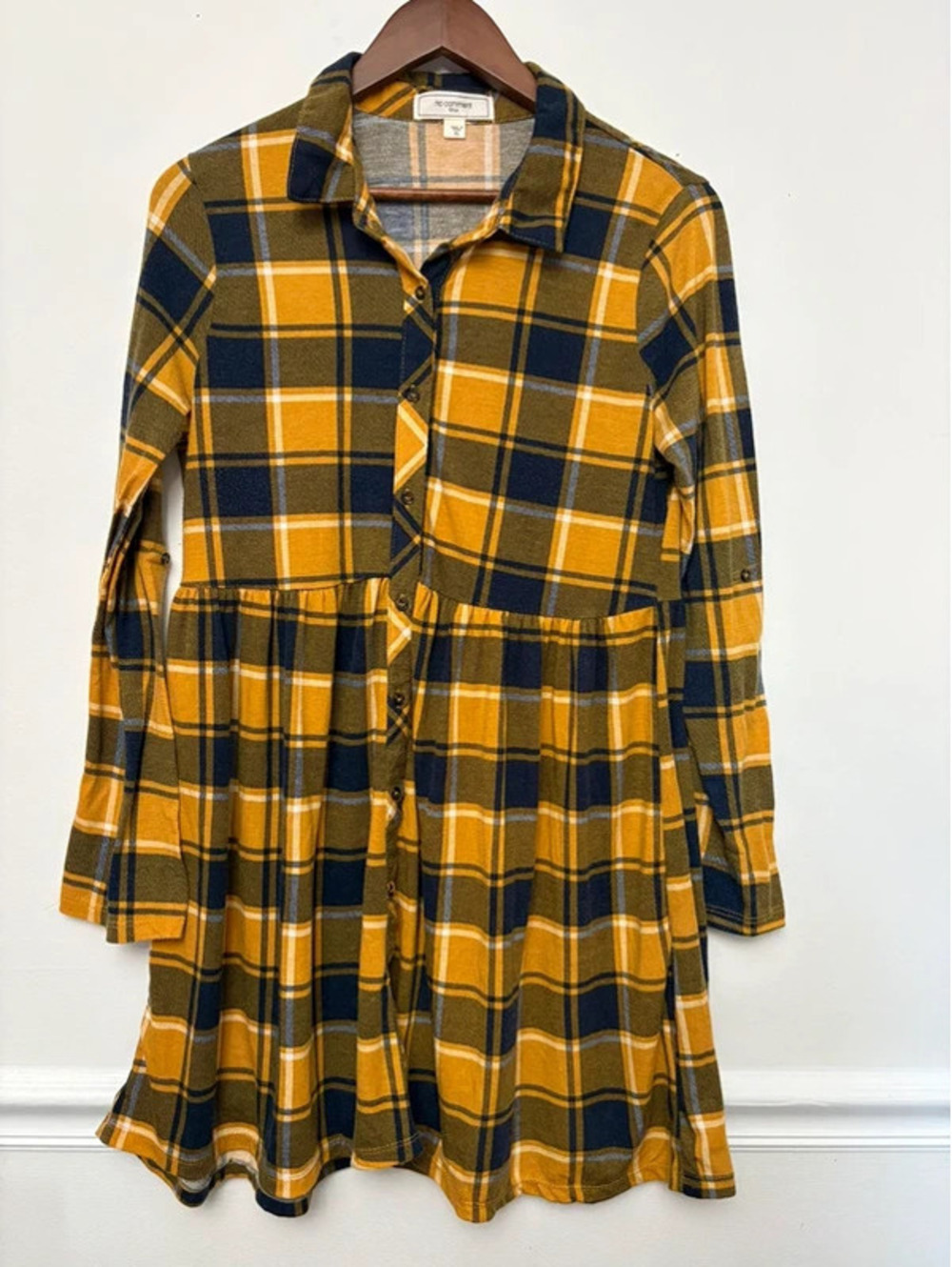 No Comment Mustard Navy Plaid Babydoll Shirt Dress Size XL